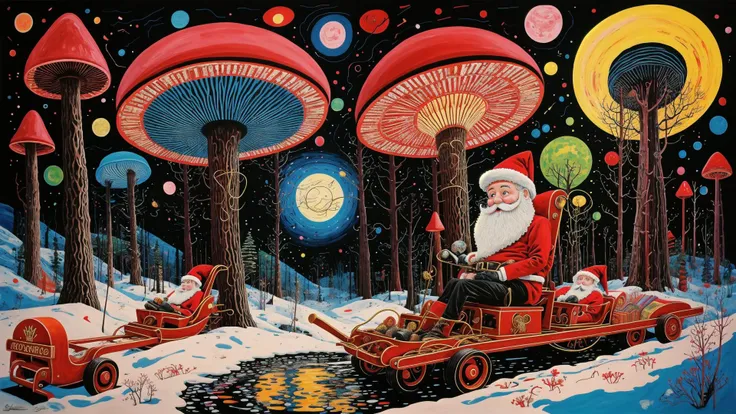 surrealistic, doodle art, santa laus, sleigh, fantasy art, of santa claus, red hat, presents, neon, <lora:TUYA5:0.9>, tuyawang, abstract, high quality, red toadstool, Lapland forest in winter, northern lights,