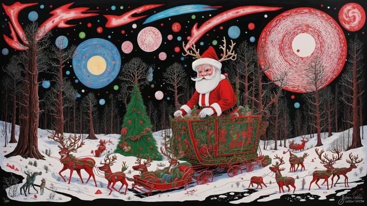 surrealistic, doodle art, santa laus, sleigh, fantasy art, of santa claus, presents, neon, <lora:TUYA5:0.9>, tuyawang, abstract, high quality, red toadstool, Lapland forest in winter, northern lights, reindeer