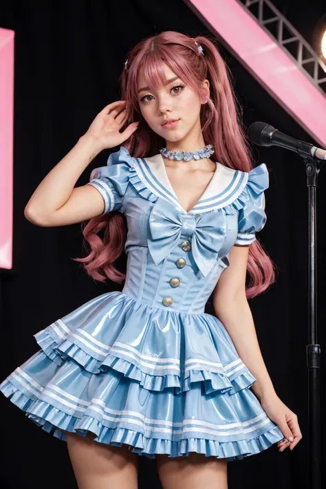DV_Jezebelle_Vicious, (21 years old), smiling, long hair, pop star, singing on stage, modern photo, wearingcyb dress, latex dress, light blue latex dress, short sleeves, frilled latex dress, frills, sailor collar, latex bow, skintight, shiny, slippery, rubbery, oily, glossy, tight, <lora:idol_costume_style9_v1:0.5>, <lora:bigHardLatex_v10:0.3>, (35mm, F/2.8) Photo Focus, DOF, Aperture, insanely detailed and intricate, character, hypermaximalist, beautiful, revealing, appealing, attractive, amative, hyper realistic, super detailed, beautiful girl, ((detailed eyes)), long eyelashes, (glossy lips)