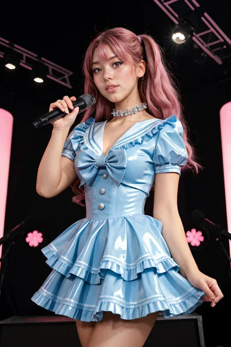 DV_Jezebelle_Vicious, (21 years old), smiling, long hair, pop star, singing on stage, modern photo, wearingcyb dress, latex dress, light blue latex dress, short sleeves, frilled latex dress, frills, sailor collar, latex bow, skintight, shiny, slippery, rubbery, oily, glossy, tight, <lora:idol_costume_style9_v1:0.5>, <lora:bigHardLatex_v10:0.5>, (35mm, F/2.8) Photo Focus, DOF, Aperture, insanely detailed and intricate, character, hypermaximalist, beautiful, revealing, appealing, attractive, amative, hyper realistic, super detailed, beautiful girl, ((detailed eyes)), long eyelashes, (glossy lips)