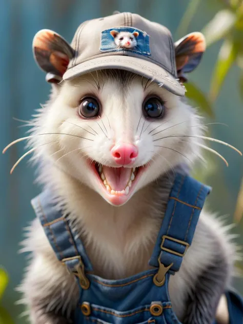 Food photography style <lora:Opossum-possum-000002:1> short round, disheveled, opossum, possum, long nose and overalls stained trucker hat . Appetizing, professional, culinary, high-resolution, commercial, highly detailed