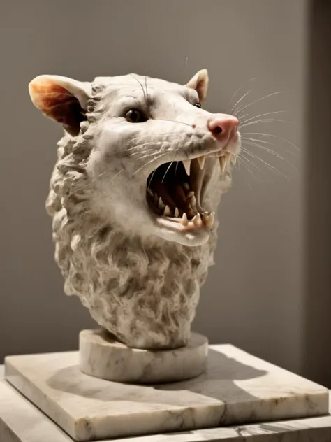 ((Marble sculpture)) Greek god, (head of a possum), (body of a man), classic sculpture simple museum hall, natural lighting, (chiaroscuro) <lora:Opossum-possum-000002:1> possum, open mouth