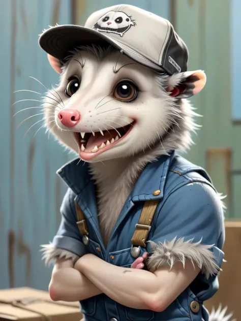 comic <lora:Opossum-possum-000002:1> short round, disheveled, opossum, possum, long nose and overalls stained trucker hat . graphic illustration, comic art, graphic novel art, vibrant, highly detailed