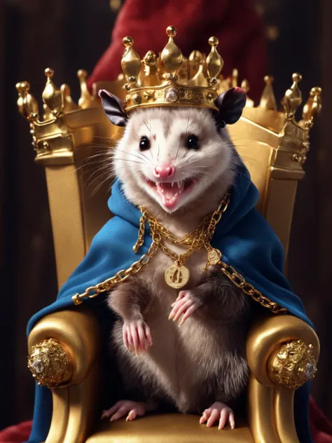 Hyperrealistic art small king opossem sits on a throne <lora:Opossum-possum-000002:1> opossum, possum (oversized crown), oversized royal cloak, pile of gold, gold chains, gold teeth, cute adorable kawaii chibi, (chiaroscuro: 1.3) . Extremely high-resolution details, photographic, realism pushed to extreme, fine texture, incredibly lifelike