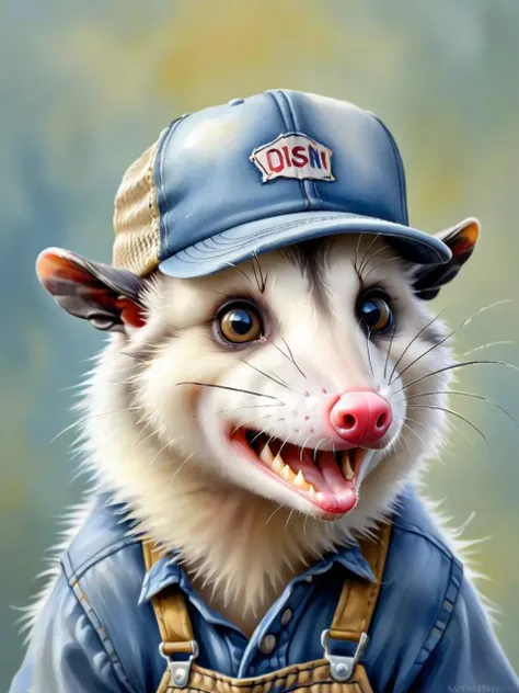Watercolor painting <lora:Opossum-possum-000002:1> short round, disheveled, opossum, possum, long nose and overalls stained trucker hat . Vibrant, beautiful, painterly, detailed, textural, artistic