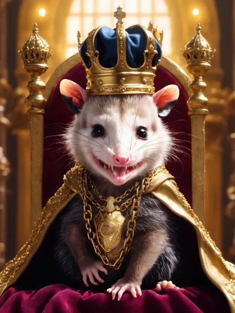 Hyperrealistic art small king opossem sits on a throne <lora:Opossum-possum-000002:1> opossum, possum oversized crown, oversized royal cloak, pile of gold, gold chains, gold teeth, cute adorable kawaii chibi, (chiaroscuro: 1.3) . Extremely high-resolution details, photographic, realism pushed to extreme, fine texture, incredibly lifelike