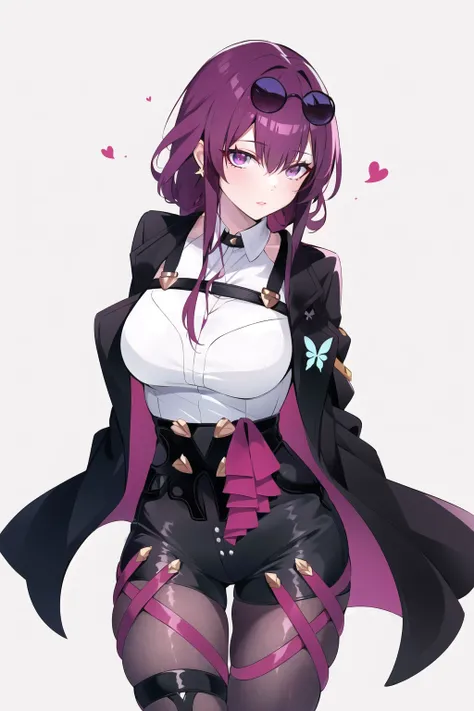 kafka \(honkai: star rail\) <lora:kafka__honkai _star_rail__offset:1>, 1girl, ass visible through thighs, black jacket, blush, breasts, eyewear on head, arms behind back, high-waist shorts, jacket, jewelry, large breasts, long hair, long sleeves, looking at viewer, pantyhose, pantyhose under shorts, purple eyes, purple gloves, purple hair, round eyewear, shirt, shorts, solo, sunglasses, white shirt, butterfly pin