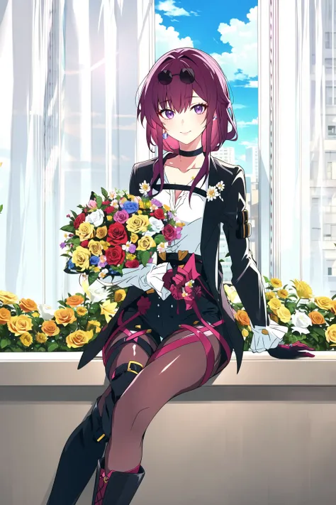 kafka \(honkai: star rail\) <lora:kafka__honkai _star_rail__offset:1>, 1girl, black choker, black footwear, black jacket, black shorts, asymmetrical legwear, boot, bouquet, building, chest strap, choker, cloud, curtains, day, earrings, eyewear on head, feet out of frame, flower, frilled sleeves, frills, gloves, hair tucking, hand up, high-waist shorts, holding, holding bouquet, jacket, jacket on shoulders, jewelry, knee boots, leaf, leaning, legwear garter, long sleeves, looking at viewer, medium hair, pantyhose, pantyhose under shorts, purple eyes, purple gloves, purple hair, purple pantyhose, rose, round eyewear, shirt, shorts, sidelocks, single earring, sky, smile, solo, sunglasses, vase, white flower, white shirt, window, yellow flower, yellow rose