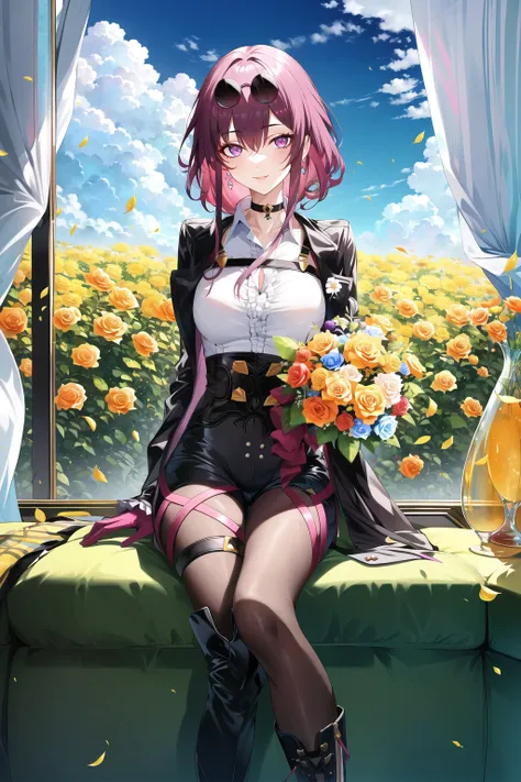 kafka \(honkai: star rail\) <lora:kafka__honkai _star_rail__offset:1>, 1girl, black choker, black footwear, black jacket, black shorts, asymmetrical legwear, boot, bouquet, building, chest strap, choker, cloud, curtains, day, earrings, eyewear on head, feet out of frame, flower, frilled sleeves, frills, gloves, hair tucking, hand up, high-waist shorts, holding, holding bouquet, jacket, jacket on shoulders, jewelry, knee boots, leaf, leaning, legwear garter, long sleeves, looking at viewer, medium hair, pantyhose, pantyhose under shorts, purple eyes, purple gloves, purple hair, purple pantyhose, rose, round eyewear, shirt, shorts, sidelocks, single earring, sky, smile, solo, sunglasses, vase, white flower, white shirt, window, yellow flower, yellow rose
