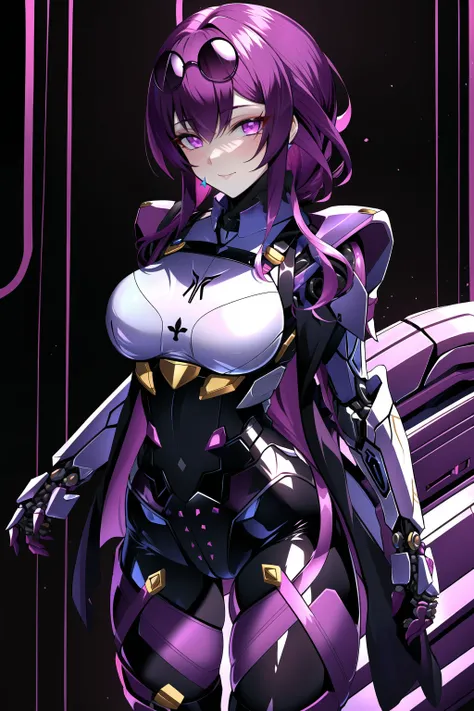 kafka \(honkai: star rail\) <lora:kafka__honkai _star_rail__offset:1>, 1girl, mecha musume, ass visible through thighs, black jacket, blush, breasts, eyewear on head, arms behind back, high-waist shorts, jewelry, large breasts, long hair, looking at viewer, pantyhose, pantyhose under shorts, purple eyes, purple gloves, purple hair, round eyewear, shirt, shorts, solo, sunglasses, butterfly pin, ((mecha, full armor, bodysuit, fortified suit, mechanical parts)), space <lora:mecha_offset:1.2>