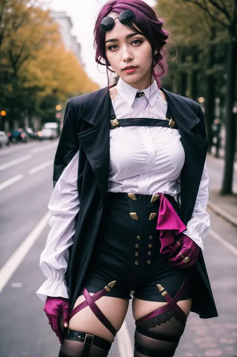 (realistic, photo, photorealistic, real life, cosplay:1.4), kafka \(honkai: star rail\) <lora:kafka__honkai _star_rail__offset:1.2>, girl, arms behind back, ass visible through thighs, black jacket, blush, medium breasts, eyewear on head, high-waist shorts, jacket, jewelry, large breasts, long hair, long sleeves, looking at viewer, pantyhose, pantyhose under shorts, purple eyes, purple hair, purple gloves, shirt, shorts, solo, sunglasses on head, white shirt, legwear garter, asymmetrical legwear, pin, detailed background, outdoors, street <lora:more_details:0.2>, RAW photo, film grain