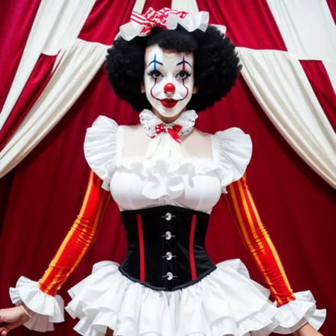 a PHOTOGRAPH of a TVClown in a circus tent, black hair, white striped tight clown costume, white gloves, white face, solo, ruffles, black tights, high quality <lora:epiNoiseoffset_v2:1> large collar ruffle, 1girl, sexy, massive breasts, facepaint, clown, red afro, pennywise makeup, black afro, white collar ruffle <lora:TVClown:1>, corset, hourglass figure, ((huge breasts))