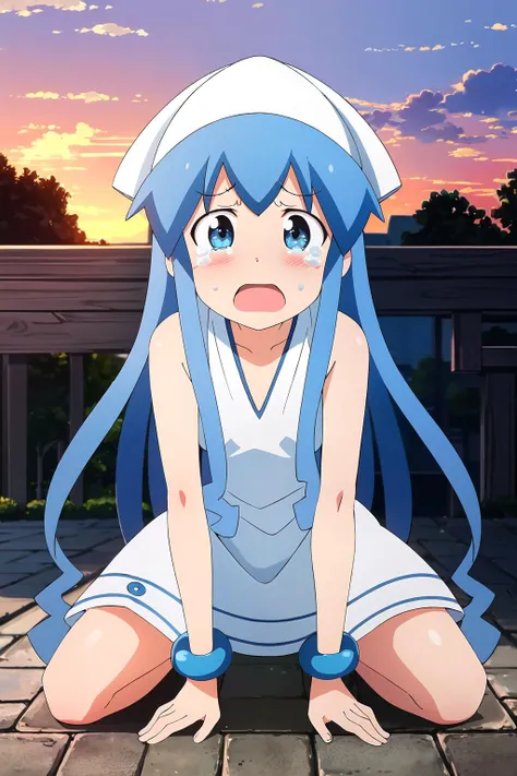 ((masterpiece, best quality)), high resolution,ultra detailed,8k,16k,detailed background, perfect lighting,detailed beautiful eyes,1girl,solo,nsfw,embarrassed,blush,skirt lift,look at viewer,steam,sweat,show off pussy,(yellow peeing:1.2),(from below:1.2),(from front:1.2),aroused, squatting,watery eye,wavy mouth,open mouth,(open arms for viewer),half-closed eyes,bottomless ,(ika, blue hair, tentacle hair, blue eyes, long hair, hat, bracelet, tentacles,,short stature,slender,child_body,skinny,pale skin,small breast),seaside house,summer