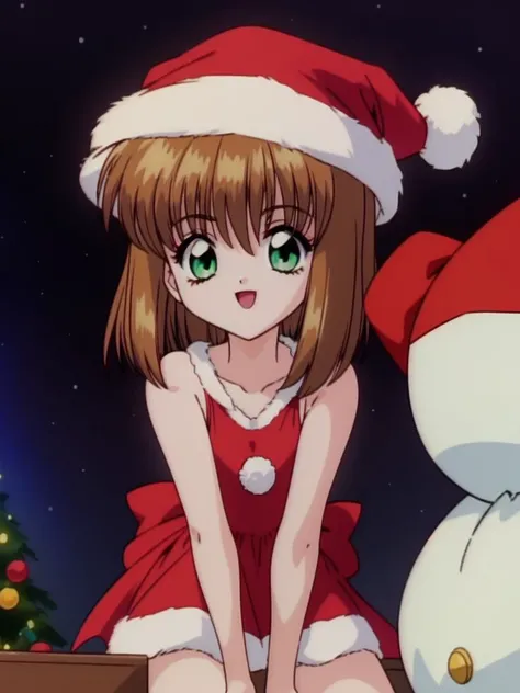 <lora:CoolDevices2imout:0.8>CoolDevices2imout, brown hair, 1girl, soro,  green eyes,  hair bow, bow,  short hair,  ponytail, red bow, hair ribbon,  child, teenager, smile, cowboy Shot,
Christmas, SantaClaus, hat, night, starry sky, sitting,
1990s \(style\), anime, anime_screencap, animated gif, mp4 ,video, animated, retro artstyle,