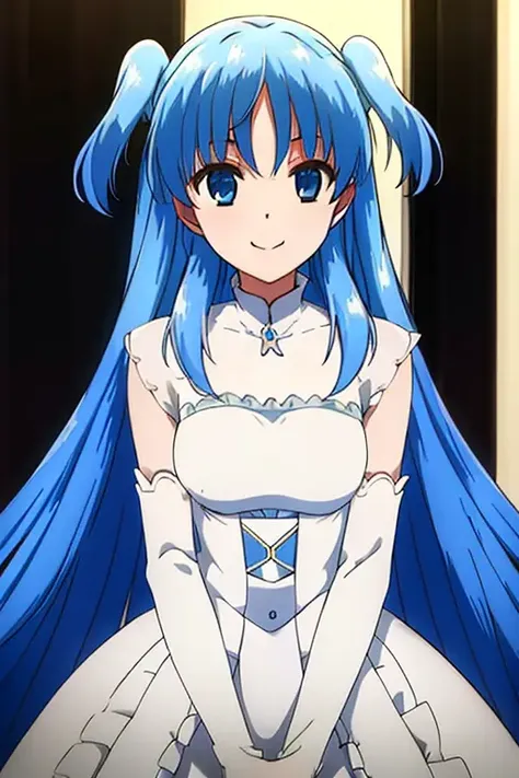(masterpiece, best quality, hi-res:1.2), <lora:chthollyLORA415-000003:1>,1girl, dress, blue hair, wedding dress, long hair, solo,white dress, smile, blue eyes, two side up