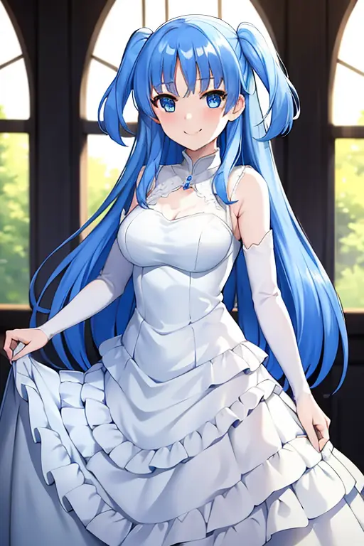 (masterpiece, best quality, hi-res:1.2), <lora:chthollyLORA415-000003:0.6>,1girl, dress, blue hair, wedding dress, long hair, solo,white dress, smile, blue eyes, two side up