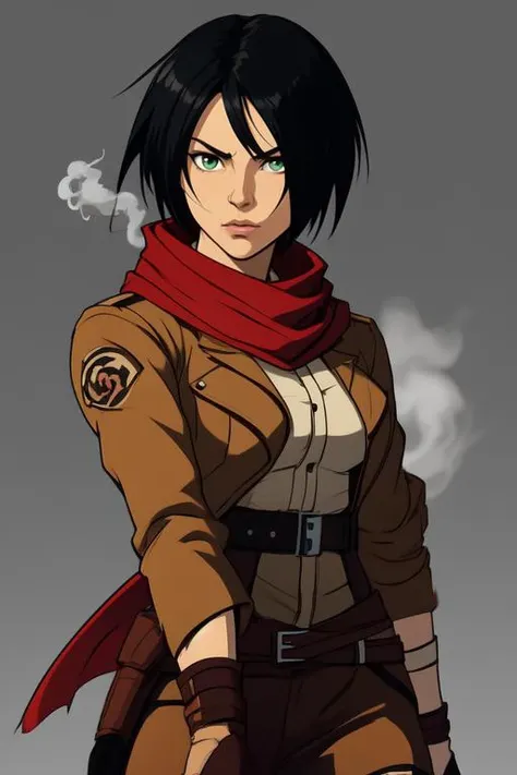aot style, shingeki no kyojin, mikasa ackerman, 1girl, arm strap, bangs, black hair, black pants, breasts, cowboy shot, embers, green eyes, grey background, hair between eyes, harness, long sleeves, looking at viewer, medium breasts, pants, red scarf, scarf, shirt, short hair, smoke, solo, thigh strap, brown jacket, white shirt, survey corps \(emblem\) , ((masterpiece)), best quality ,
<lora:HerrscherAGGA2023_Donaire_V1:0.4>, AGGA_ST030,