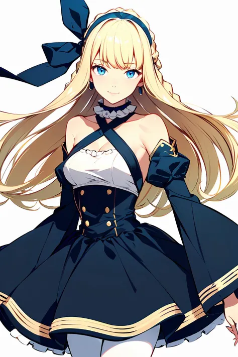 <lora:HerrscherAGGA2023_Donaire_V1:0.5> AGGA_ST030, white and blue theme, column lineup,, ultra detailed, masterpiece, best quality, aesthetic, detailed,, solo, soft smile, light smile,
1girl, blue eyes, very long hair, blonde hair, long blonde hair, french braid, bangs, medium breasts,, hair ribbon, frilled choker, criss-cross halter, sleeveless dress, high-waist skirt, backless dress, waist bow, detached sleeves, frilled sleeves, wide sleeves, pantyhose, patterned legwear, mary janes,