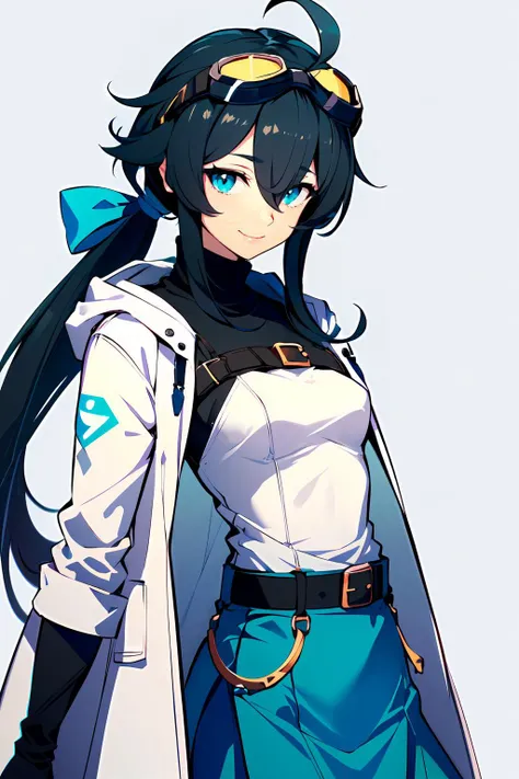 <lora:HerrscherAGGA2023_Donaire_V1:0.45> AGGA_ST030, white and blue theme, column lineup,, ultra detailed, masterpiece, best quality, aesthetic, detailed,, solo, soft smile, light smile, 1girl, aqua eyes, black hair, <lora:low_ponytail-1.0:0.95> low ponytail, ahoge, absurdly long hair, very long hair, hair flaps, hair between eyes, bangs, messy hair, small breasts, (goggles on head:1.2),, hooded coat, open coat, turtleneck, pants, black knee boots, multiple straps, white coat, layered clothes, hair ribbon, pants under skirt,