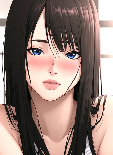 a short sexy woman wearing purple t shirt and black tracks, pinned against the wall, eyes closed, lips parted, blushing intensely, ready to kiss