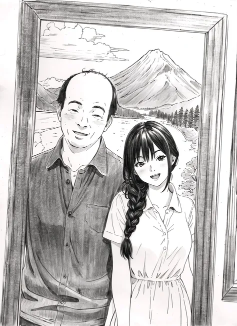 yakiyama line <lora:yakiyama_line_offset:1>, best quality, masterpiece, monochrome, greyscale, 1girl, 1boy, couple, mountain, braid, long hair, smile, shirt, open mouth, collared shirt, traditional media, looking at viewer, dress, window, cloud
