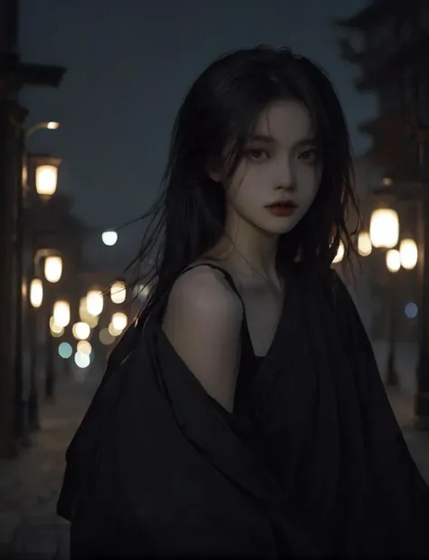 solo,realistic,lips,black hair,collarbone,closed mouth,Beside the outdoor street,the dim light of the street lamps at night shines on one side of the face,1girl,absurdres,(Looking at the camera:1.2),<lora:XLå½é£è¸Lora--æ¨¡å:0.8>,<lora:ChillyV1.0:0.6>,