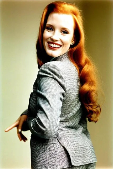 analog style, JC wearing a pantsuit, <lora:JC:1>, long red hair,beautiful enamored smiling face