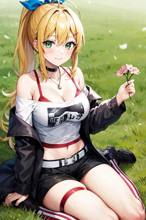 a beautiful woman with long blonde hair sitting on the ground with a sun on her chest, 1girl, twin braids, long hair, hat, braid, blonde hair, blue eyes, solo, shorts, shirt, pubic tattoo, piercing, tattoo, baseball cap, red shirt, black shorts, navel, short shorts, short sleeves, sitting, breasts, looking at viewer, very long hair, navel piercing, stomach, black headwear, blush