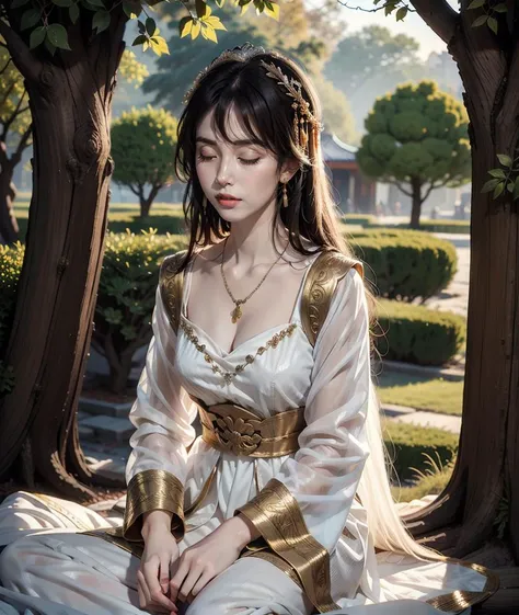1 girl, ancient empress, collar bone, jewelly, long hair, straight hair, queen, necklace, Sit with your head on the tree, close eyes, sleeping
(masterpiece:1.3),(best quality:1.2),8k,absurdres,unity 8k wallpapper,(extremely detailed:1.3),highestres, solo,crossed legs,
overview
 <lora:Ancient_Empress:0.65>