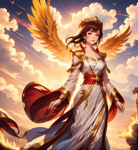 1 girl, flying, center,angel, ancient empress, collar bone, cloud, sky, night, moutain, jewelly, white clothes, bird, fire, phoenix, long sleeves
<lora:Ancient_Empress:0.6>