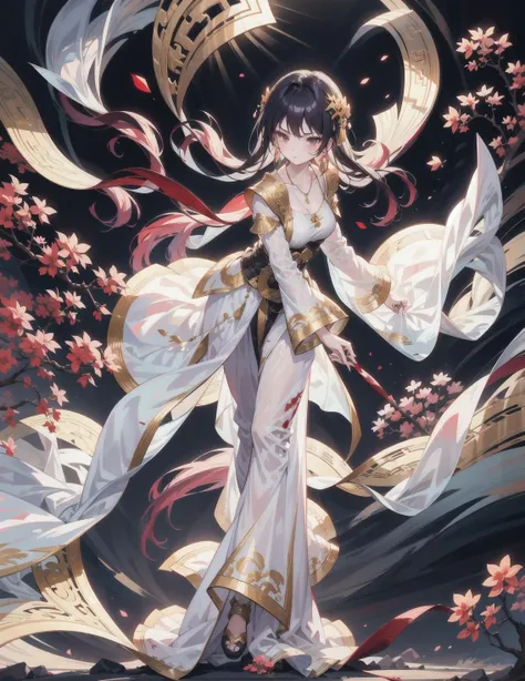 1 girl, ancient empress, collar bone, jewelly, long hair, straight hair, queen, necklace, (standing on the battlefield), battle, fighting without enemies, blood on face, attack pose, fighting action, white clothes
(masterpiece:1.3),(best quality:1.2),8k,absurdres,unity 8k wallpaper ,highestres,overview
 <lora:Ancient_Empress:0.65>