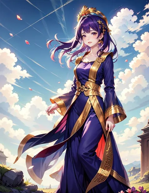 ((masterpiece, best quality)), 1girl, floating hair, light purple hair, ancient empress, jewelly, head jewelly, long sleeves, collarbone, outdoor, cloud, sky, fullbody, heaven, peach petals, see-through
<lora:Ancient_Empress:0.65>