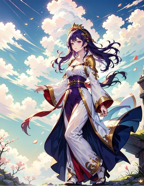 ((masterpiece, best quality)), 1girl, mature, floating hair, light purple hair, ancient empress, jewelly, head jewelly, long sleeves, collarbone, outdoor, cloud, sky, nature, fantasy, mysterious, fullbody, heaven, peach petals
<lora:Ancient_Empress:0.65>