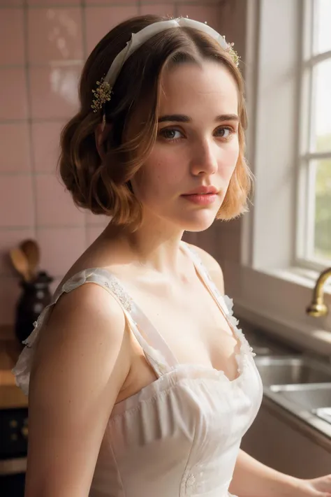 an up close photo of eleonoraRom1wearing a milk maid dress, (light pink milk maid dress), (upright pin curl hairstyle), (blonde hair), (kitchen background), elegant, highly detailed. vibrant, photorealistic, realistic, sharp focus, 8k