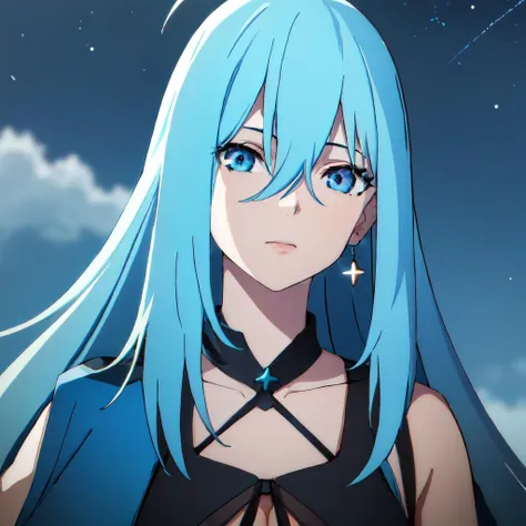 A woman with blue hair and blue eyes standing in front of a sky - SeaArt AI