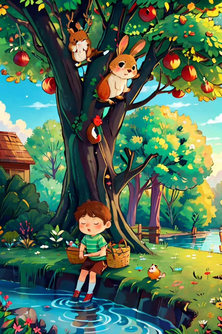(masterpiece:1.2), best quality, masterpiece, highres, original, extremely detailed wallpaper, perfect lighting,(extremely detailed CG:1.2), drawing,1girl, against tree, apple, basket, bench, bird, bridge, brown hair, bug, bunny, bush, butterfly net, christmas tree, cloud, clover, dandelion, dappled sunlight, day, deer, dirt, fence, field, fireflies, flower field, foliage, food, forest, four-leaf clover, fruit, garden, grass, hammock, hand net, hiding, hill, hose, house, in tree, jungle, ladybug, lake, log, moss, mountain, multiple boys, mushroom, nature, on grass, on ground, open mouth, orange \(fruit\), outdoors, park, park bench, path, picnic, picnic basket, pine tree, plant, pond, river, road, shade, shirt, sitting in tree, sky, sleeping, squirrel, stream, striped, striped shirt, tent, tomato, tree, tree shade, tree stump, umbrella, under tree, wading pool, waterfall, wooden fence, <lora:picture_book:0.6>,<lora:GoodHands-beta2:1>,chibi,