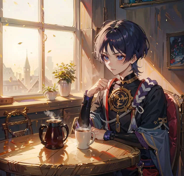 masterpiece, best quality, extremely detailed, (1boy, solo), sunlight, warm light, window, <lora:Scara_Balladeer:1>, Scara_Balladeer, in cafe, cup of coffee, table, drinking coffee, coffee steam, sitting at the table