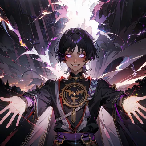 masterpiece, best quality, extremely detailed, 3d face, realistic, lustrous skin, (1boy, solo), <lora:Scara_Balladeer:1>, Scara_Balladeer, upper body, looking at viewer, outdoors,glowing, grin, glowing eyes, standing, outstretched arms, night, night sky, black background, purple glow, lightning