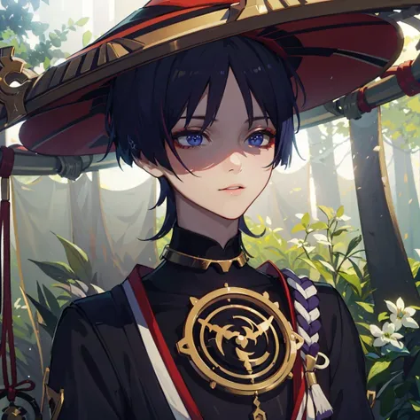 masterpiece, best quality, extremely detailed, 3d face, realistic, lustrous skin, (1boy, solo), <lora:Scara_Balladeer:1>, Scara_Balladeer, (hat), veil, nature, forest, upper body