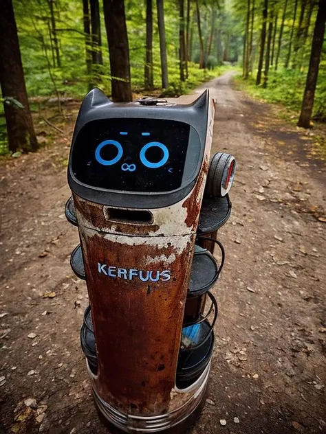 kerfusrobot professional photography of a rusty robot abandoned in the forest <lora:hjkerfusrobot_v11:0.75>