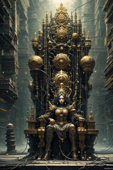ethereal fantasy concept art of Gothic style <lora:not-the-true-world-sd15_r1:0.5>,<lora:Concept_-_Hella-sthetic_v2:0.3>,intricate throne,thronr room,(by Artist Andre-Charles Boulle:1.3),(cables reach for the throne,electricity,wires:1.5),(Cyberpunk Art:1.5),<lora:EbonyGoldAI:0.3>,ebonygoldai,(queen in golden armor on the throne,:1.4),crown,, intricate, elegant, highly detailed, symmetry, magical atmosphere, sharp focus, majestic, very coherent, radiant, advanced, cinematic, artistic, fine detail, winning, beautiful, stunning, dramatic light, designed, rich deep colors, perfect professional background, ambient, tailored set composition . medieval, pointed arches, stained glass, highly detailed . magnificent, celestial, ethereal, painterly, epic, majestic, magical, fantasy art, cover art, dreamy