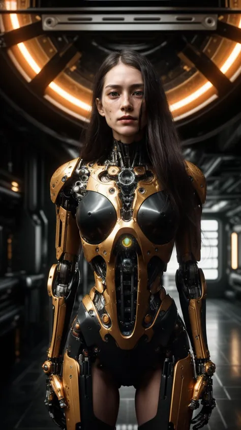 masterpiece, insane details, intricate details, ultra quality, unity 8k wallpaper, raw photo, black and dark theme, 1mecha, red and long hair, pale skin, freckles, (closed mouth:1.2), (Expressionless, Indifferent), There is a tube attached to the back, (Thin waist, Wide hips), biomechanical, complex robot, Extremely sharp lines, mechanical, cyberpunk, scifi aesthetic, science fiction, EbonyGoldAI, hyper realistic, hyperdetailed, (photorealistic:1.4), best quality, 8k <lora:ST_insanobot:0.8> <lora:EbonyGoldAI:0.3>