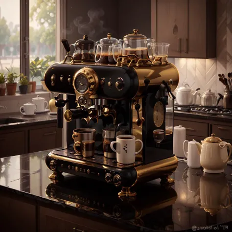 <lora:EbonyGoldAI:.9> EbonyGoldAI coffee machine in kitchen