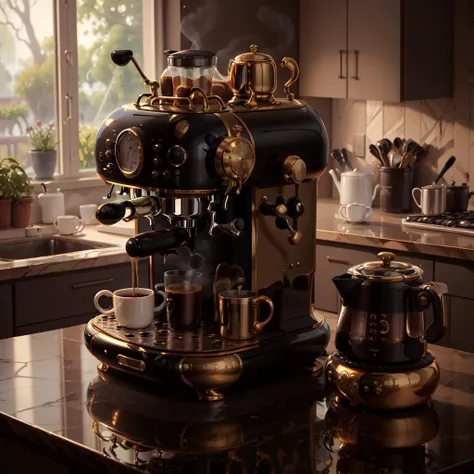 <lora:EbonyGoldAI:.9> EbonyGoldAI coffee machine in kitchen