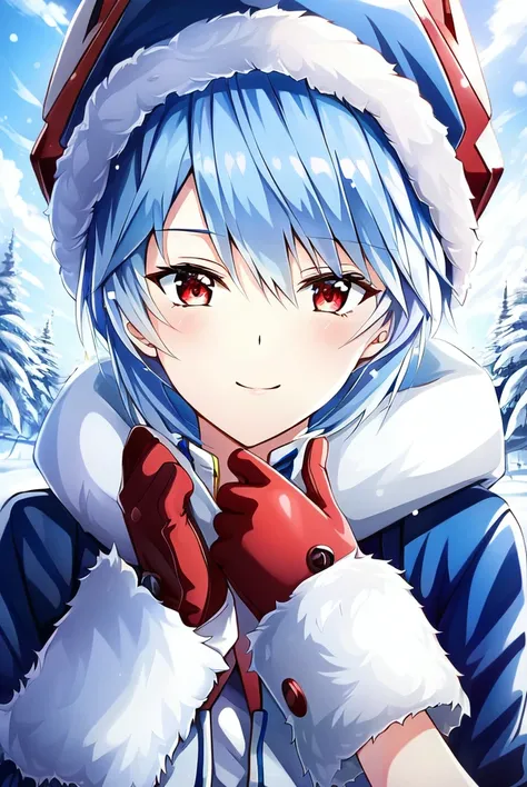 masterpiece portrait of smiling Rei Ayanami \(evangelion\), evangelion \(Hideaki\), caustics, textile shading, high resolution illustration, red eyes, feminine, no pupils, blue hair, short hair, winter, winter coat, warm hat, mittens, dynamic pose, by narae