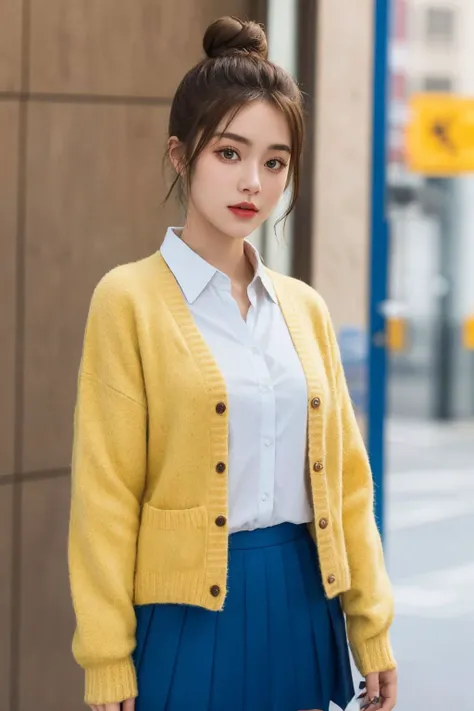 cowboy shot,<lora:Nanako_Hasaba:0.7>,blonde hair,single hair bun,brown eyes,yellow cardigan,(blue pleated skirt),, (masterpiece, best quality, high quality, highres, ultra-detailed),