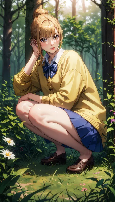 photorealistic, (4k), depth of field, (Masterpiece), (realistic skin texture), extremely detailed, intricate, hyper detailed, professional photography, bokeh, high resolution, sharp detail, best quality, girl, blonde brown hair, single hair bun, brown eyes, yellow cardigan, blue pleated skirt, <lora:GoodHands-beta2:0.4>, <lora:detail_slider_v4:0.8> , dynamic pose, (sitting with hands around her ankles), <lora:Nanako Hasaba-000004:0.7> , forest, outdoors, shrubbery, tall grass,