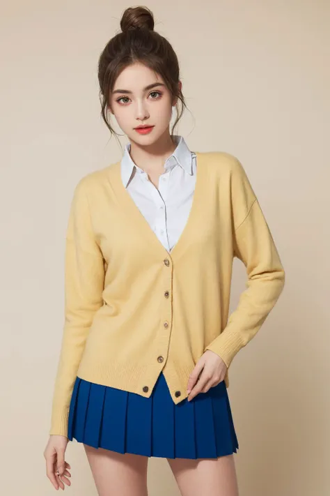 cowboy shot,<lora:Nanako_Hasaba:0.7>,blonde brown hair,single hair bun,brown eyes,yellow cardigan,(blue pleated skirt),, (masterpiece, best quality, high quality, highres, ultra-detailed),