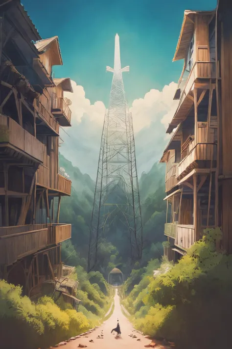 a painting of a person walking down a road in front of a tall tower