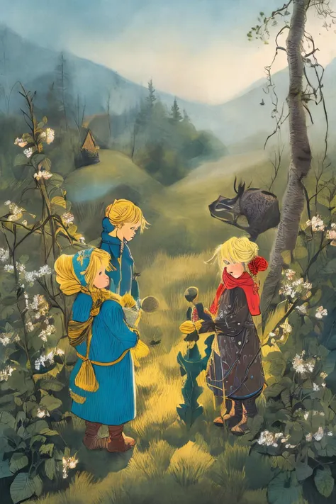 a painting of two children in a field with a bear